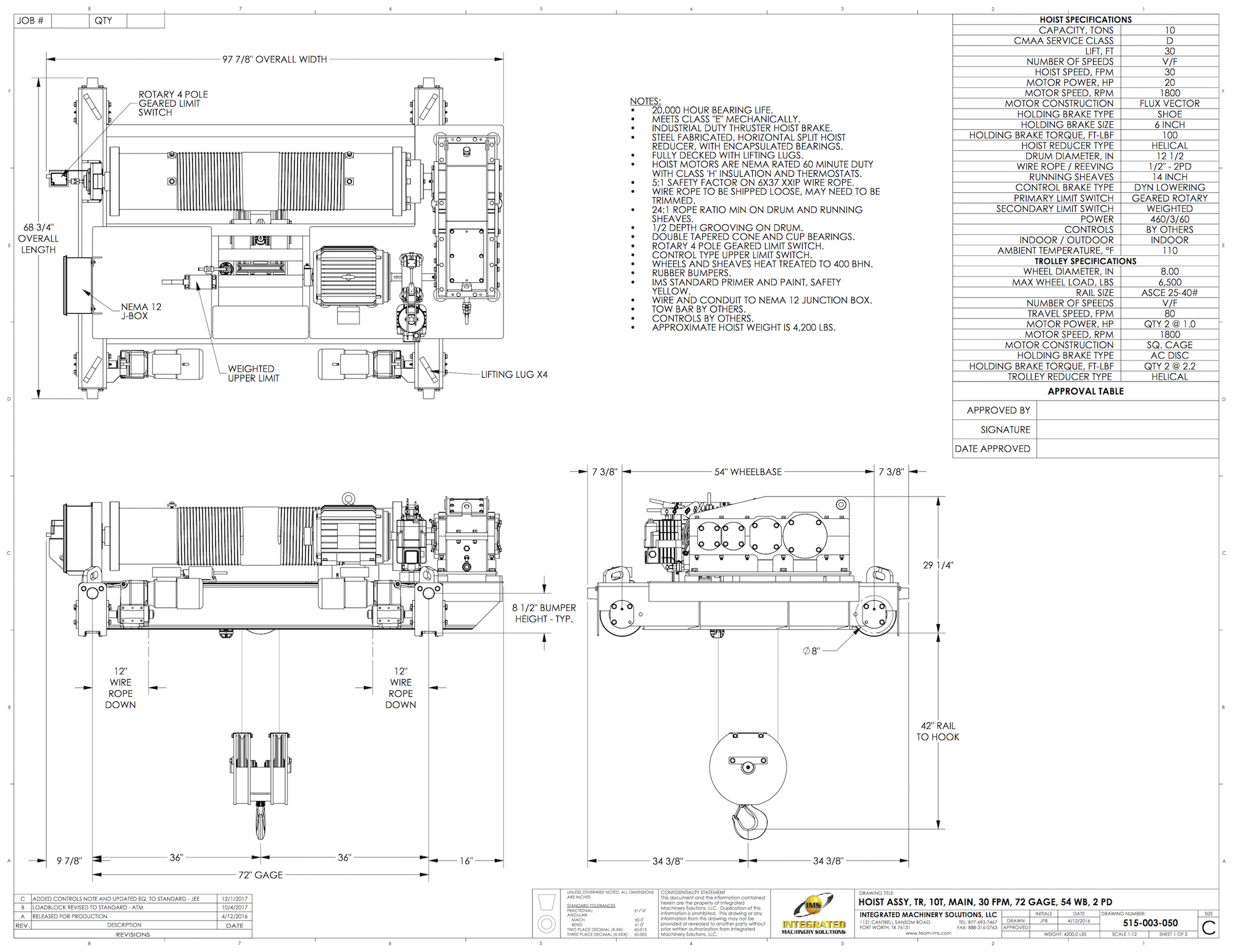 For Sale: Integrated Machinery Solutions (IMS) 10 Ton Capacity (20,000) Top Running Double Girder (TRDG) Electric Wire Rope Hoist / Trolley 